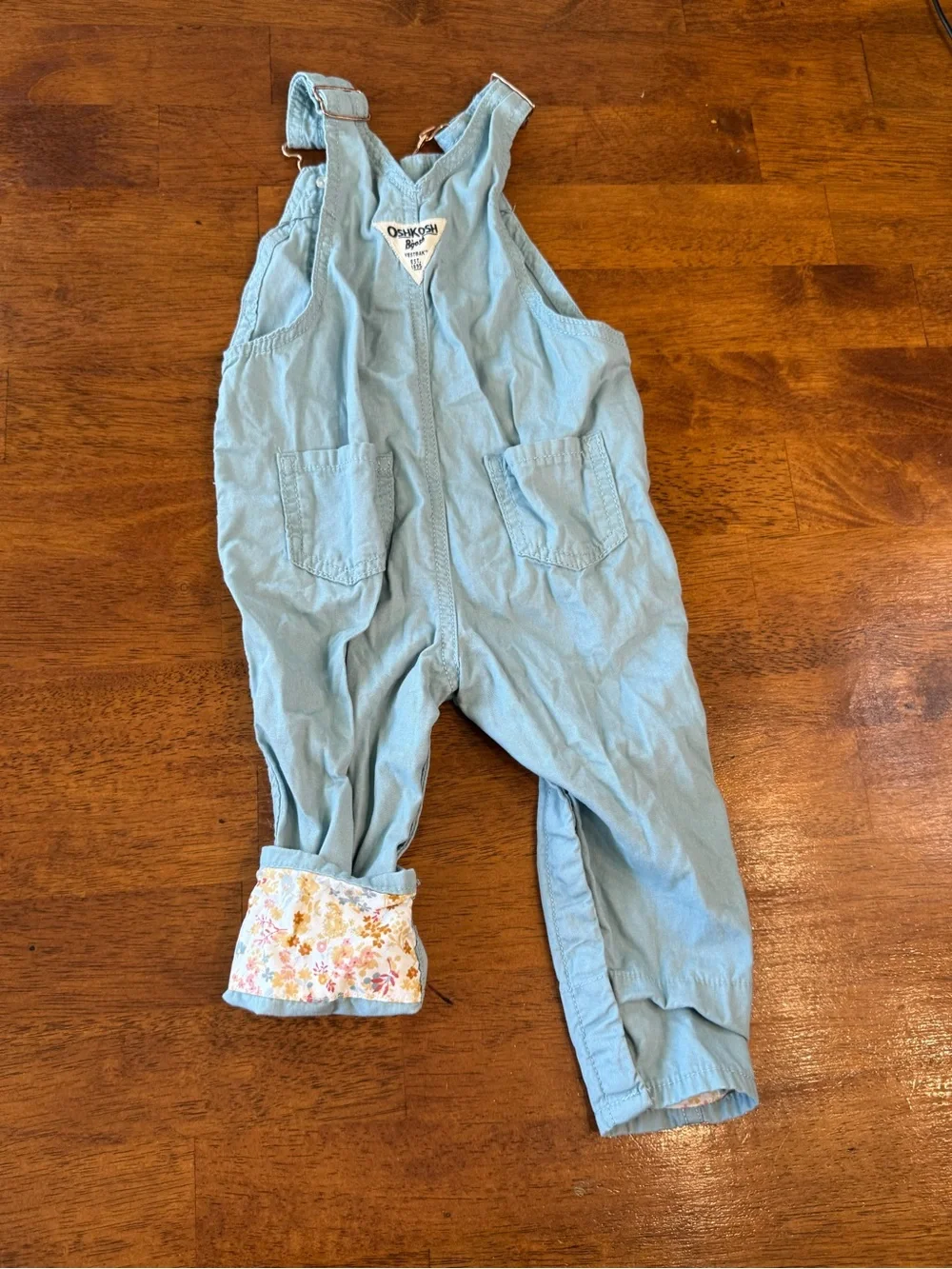 OshKosh B’gosh Baby Girl Blue Canvas Overalls Floral Lined Cuff size 18 months